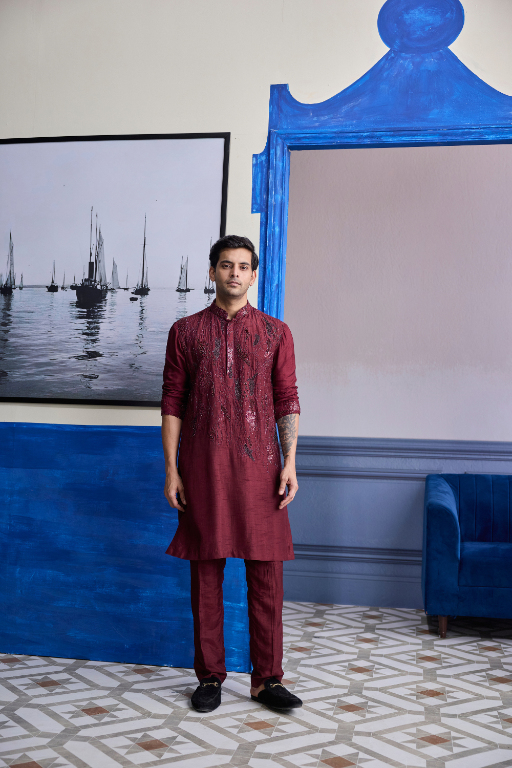 Maroon Abstract Embroidered Kurta Paired with Pants