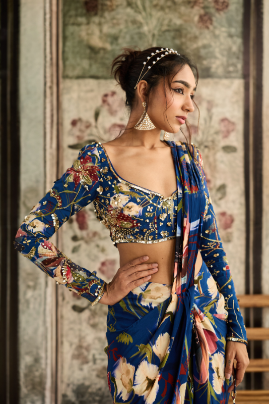 BLUE FLORAL PRINTED SKIRT SAREE SET