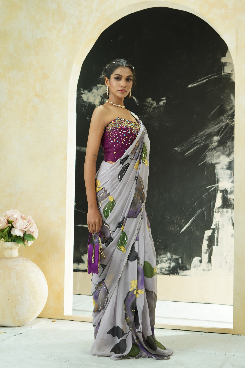 Periwinkle hand painted saree and corset set