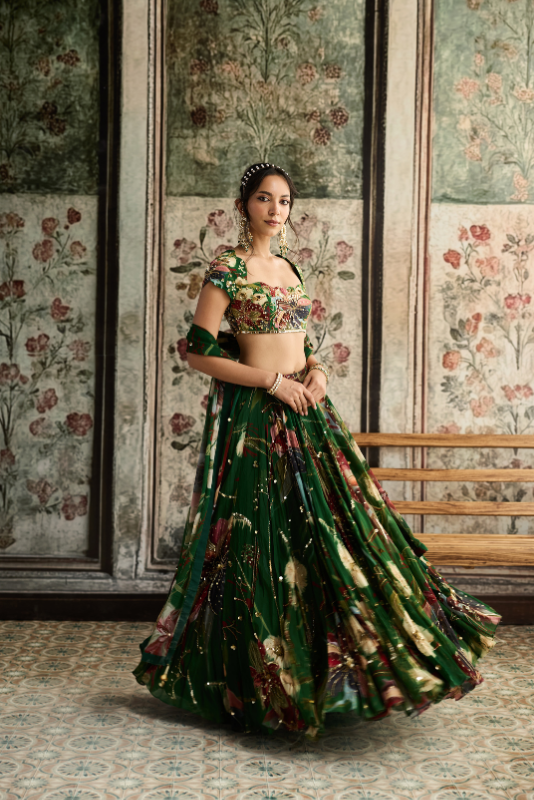 GREEN FLORAL PRINT AND HIGHLIGHTED LEHENGA SET
