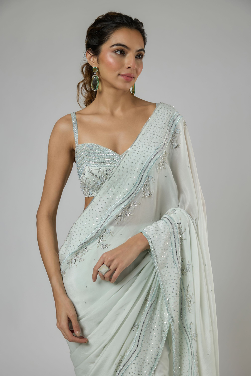 LIGHT MINT INTRICATE EMBROIDERED SAREE SET