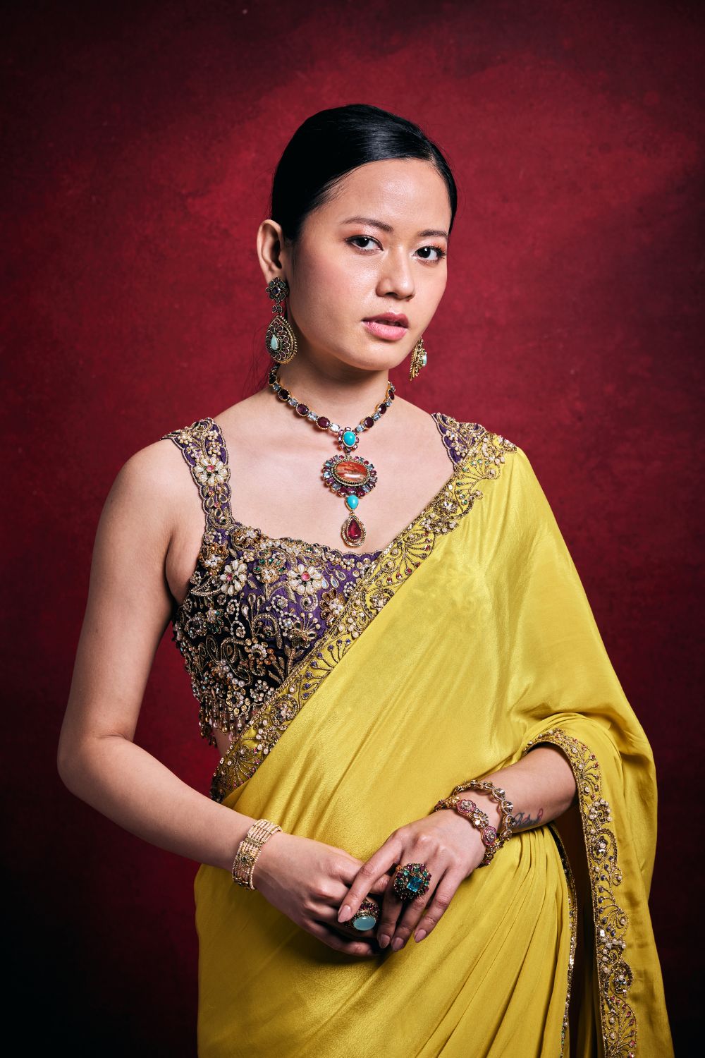 YELLOW CREPE SAREE SET
