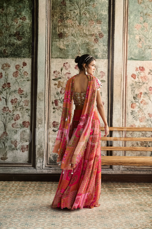 YELLOW-FUSCHIA PRINT AND HIGHLIGHTED SHARARA SET