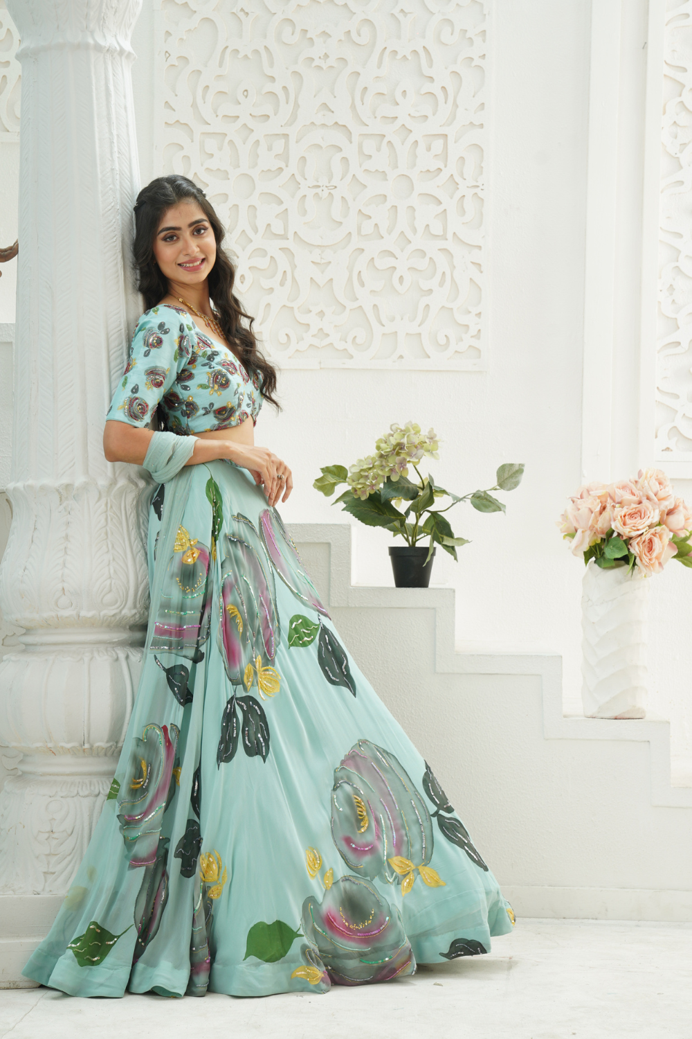 Dusty Blue hand painted lehenga set