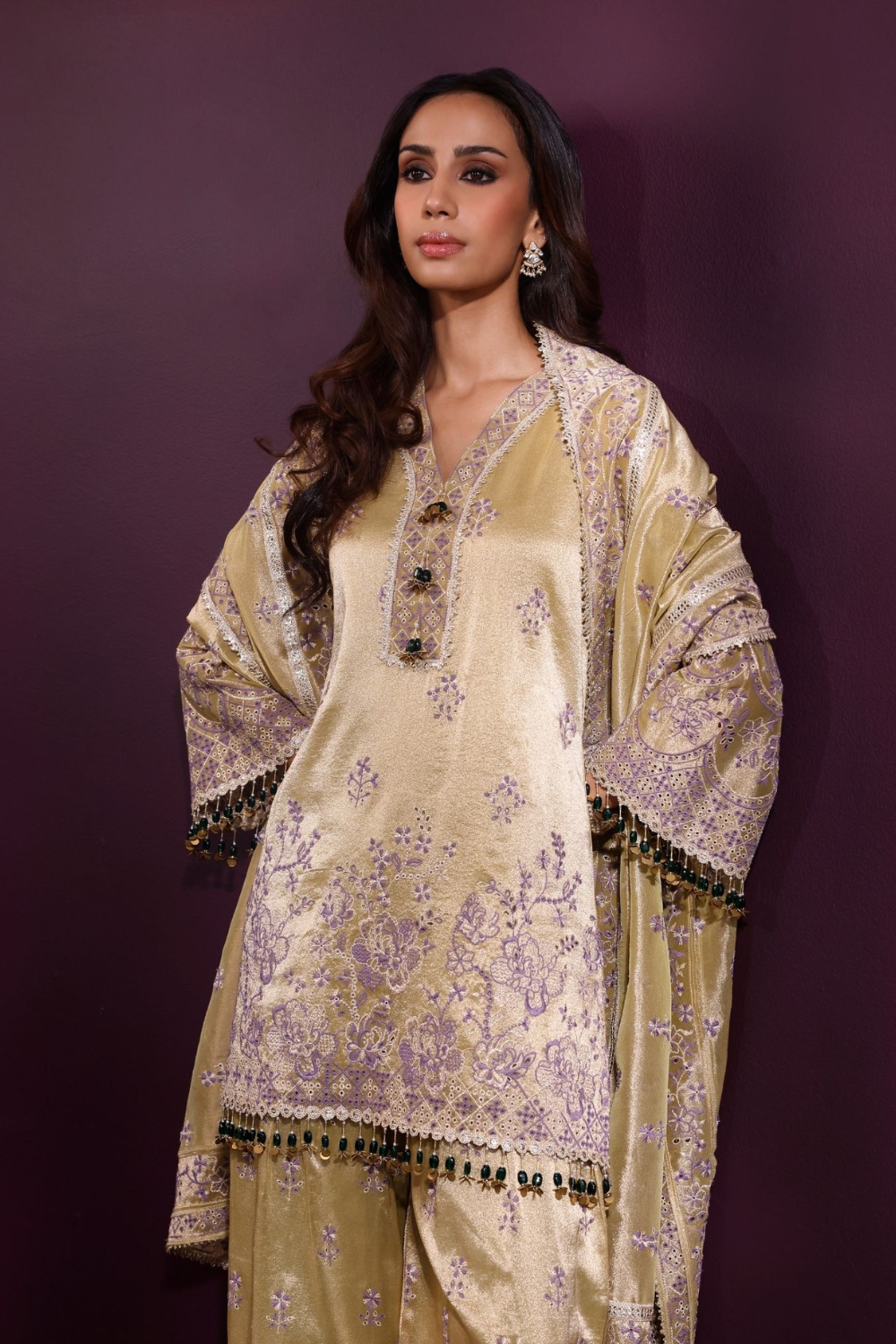 Lovi Tissue Pista Green Kurta With Farshi Salwar