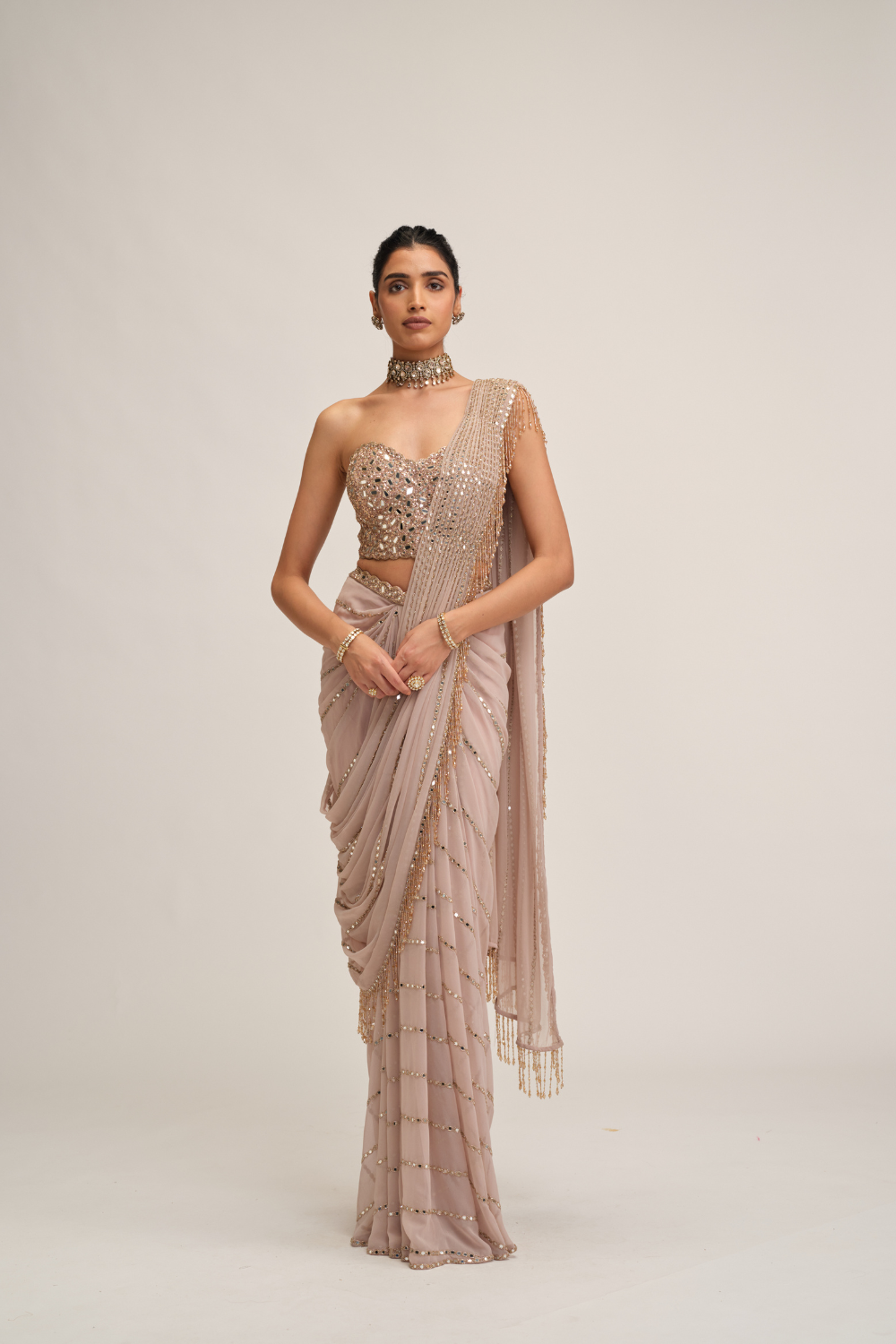 Ash Pink Linear Mirror Saree Set