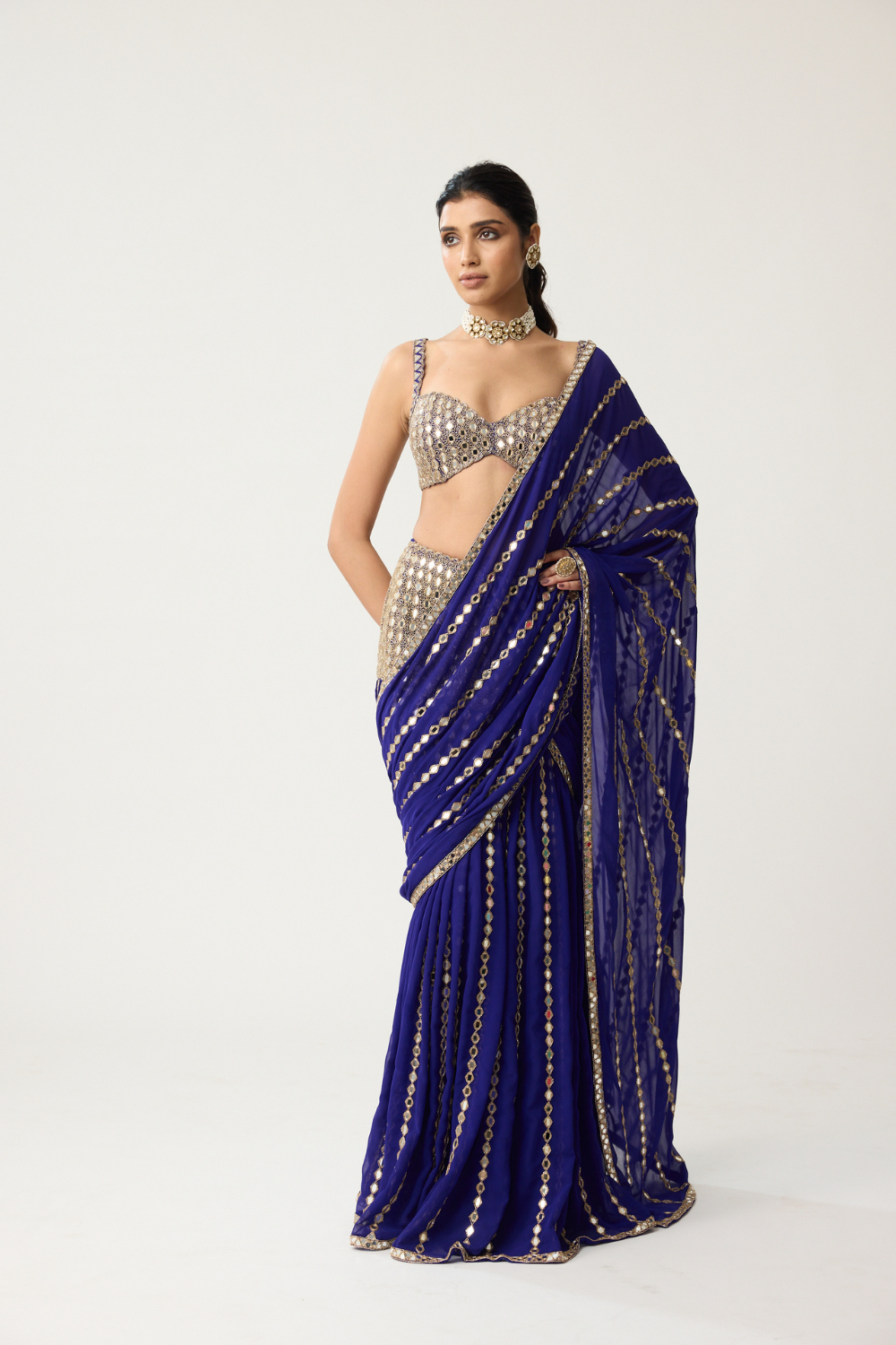 Persian Blue Fitted Linear Mirror Saree Set