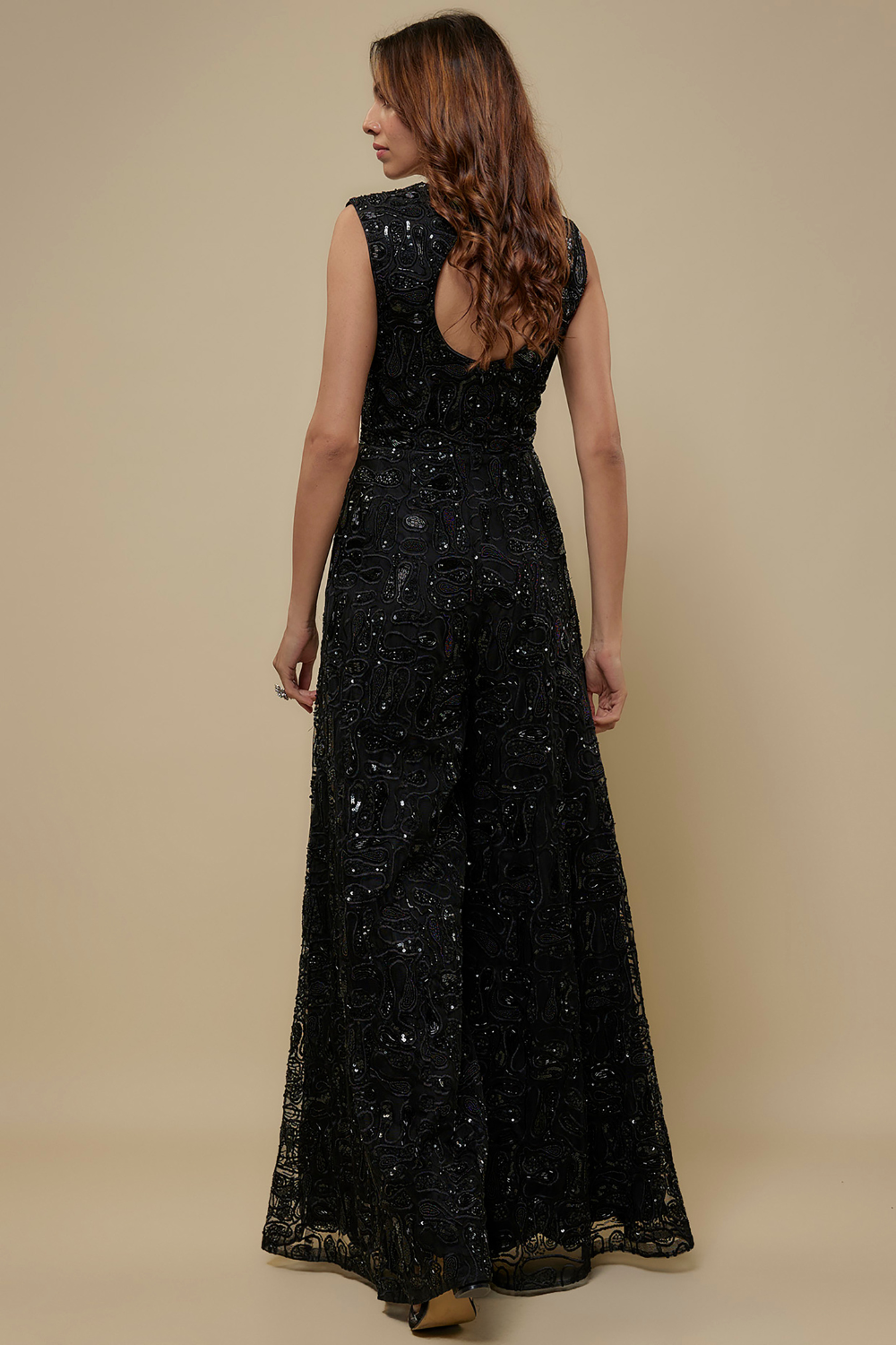 VAVID-Black full abstract dori work full embroidered jumpsuit
