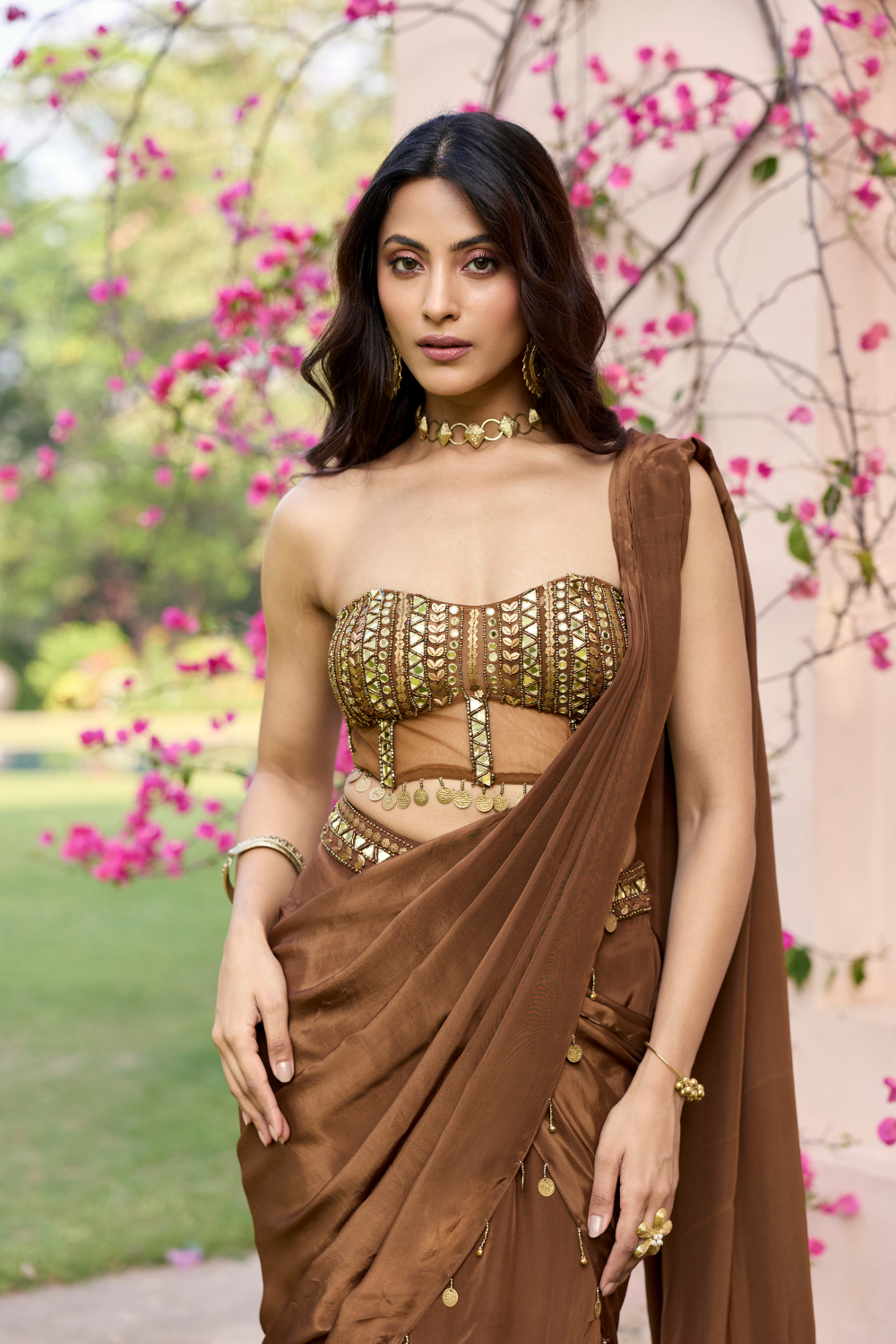 MOCHA BROWN TASSELED SLIT SAREE SET