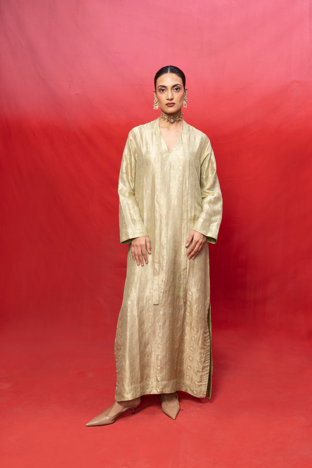 Handwoven Pistachio Green Silk Embossed Kaftan