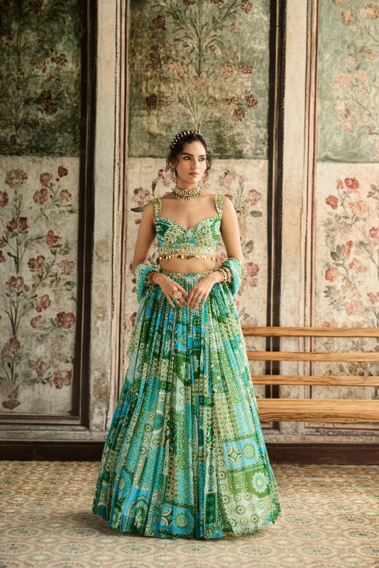 AQUA PRINT AND HIGHLIGHTED RUCHED BLOUSE LEHENGA SET