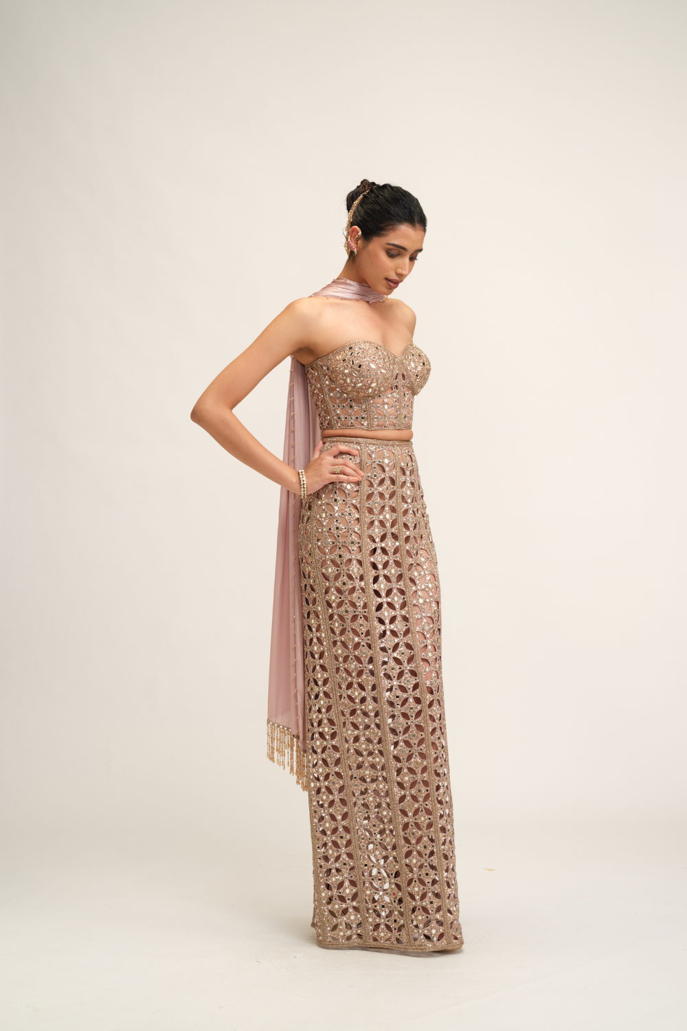 Ash Pink Cutwork Pencil Skirt Set