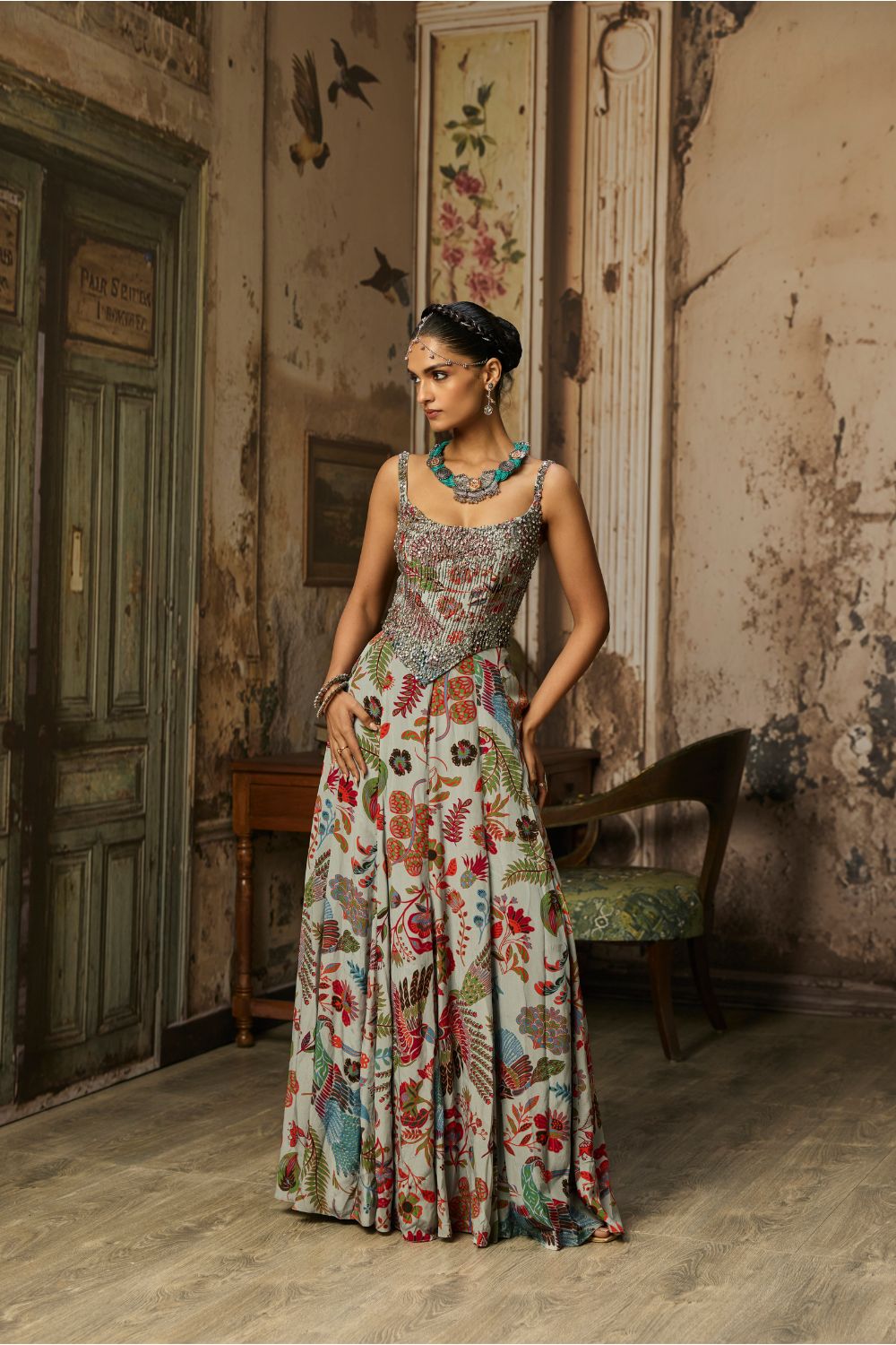 SLATE GREY PRINTED AND HIGHLIGHTED CORSET GOWN