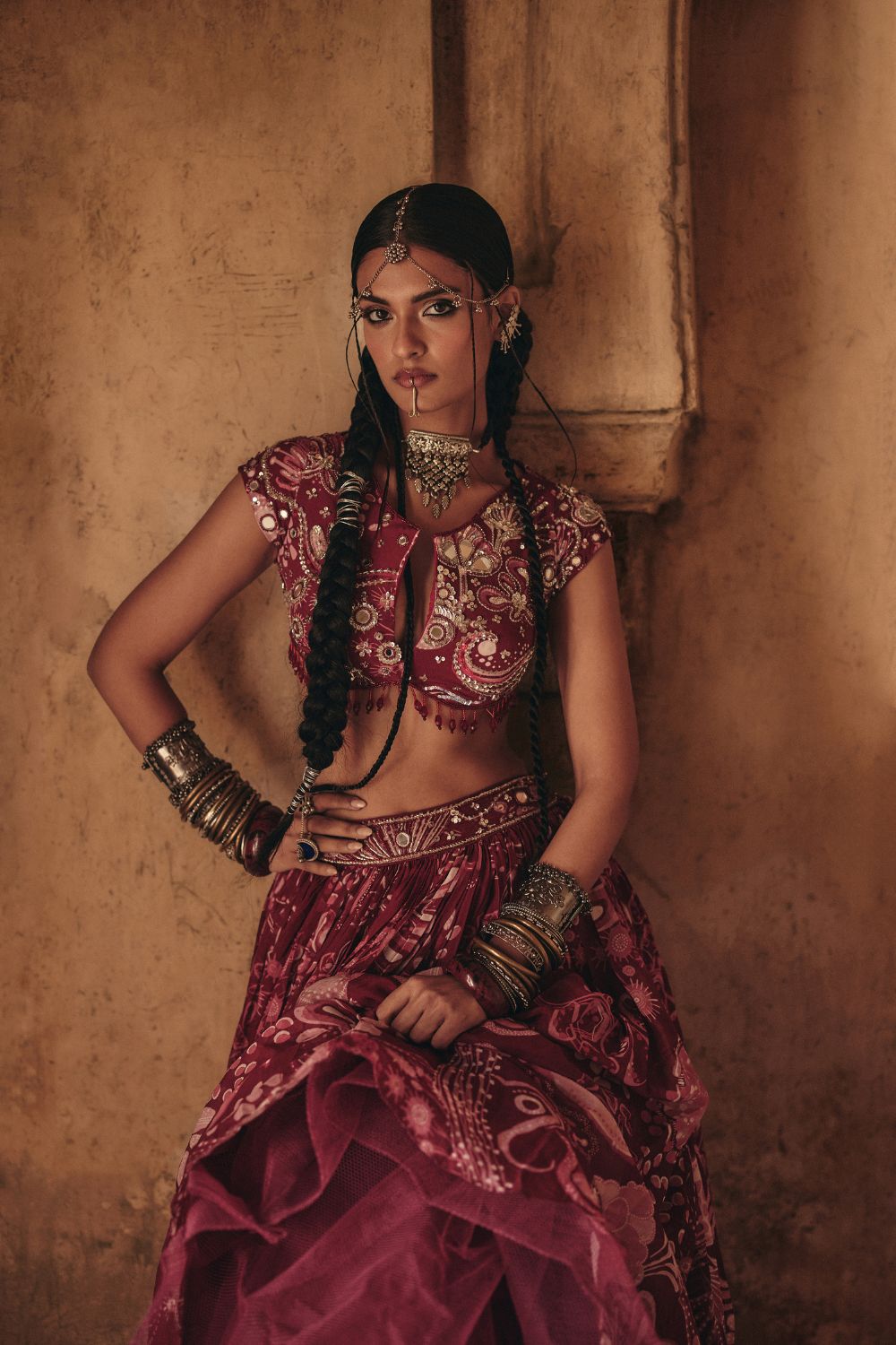 SCARLET RED PRINTED AND HIGHLIGHTED LEHENGA SET