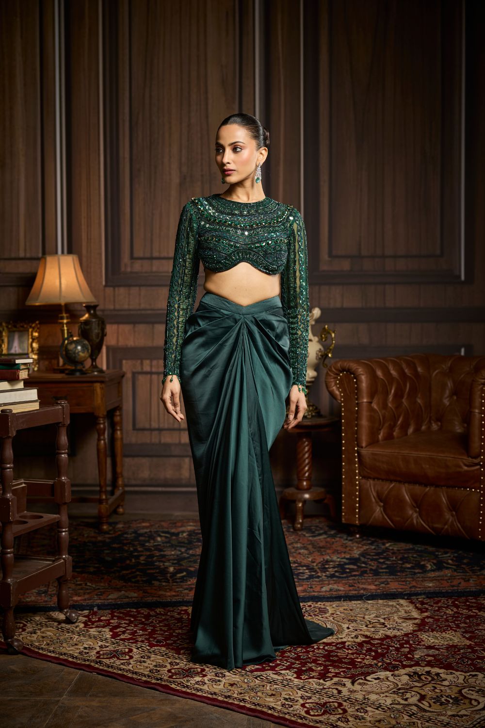 EMERALD GREEN EMBROIDERED BLOUSE AND DRAPED SKIRT SET