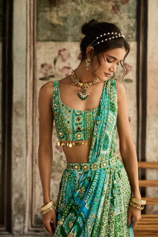 AQUA PRINT AND HIGHLIGHTED TIERED SAREE SET