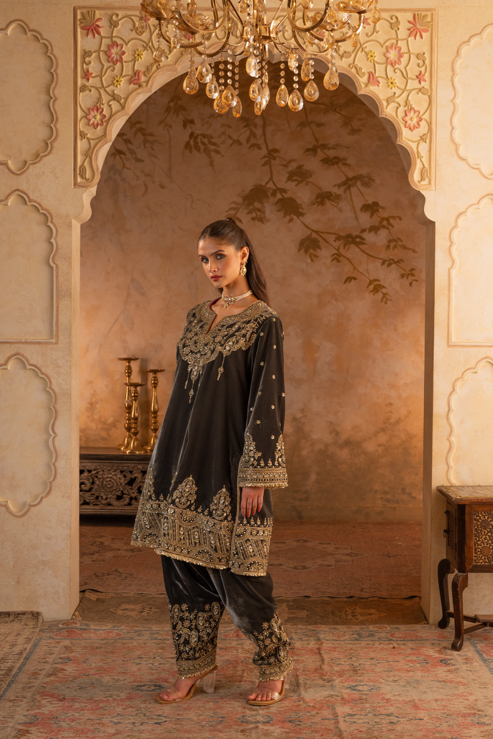 Grey Velvet Suit Set