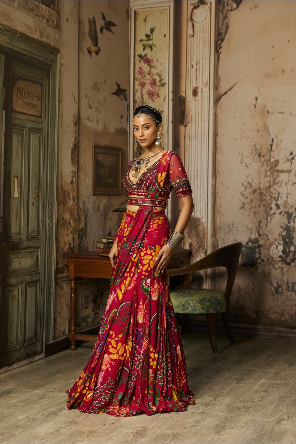 DEEP RED EMBROIDERED BLOUSE WITH MERMAID SKIRT SAREE SET