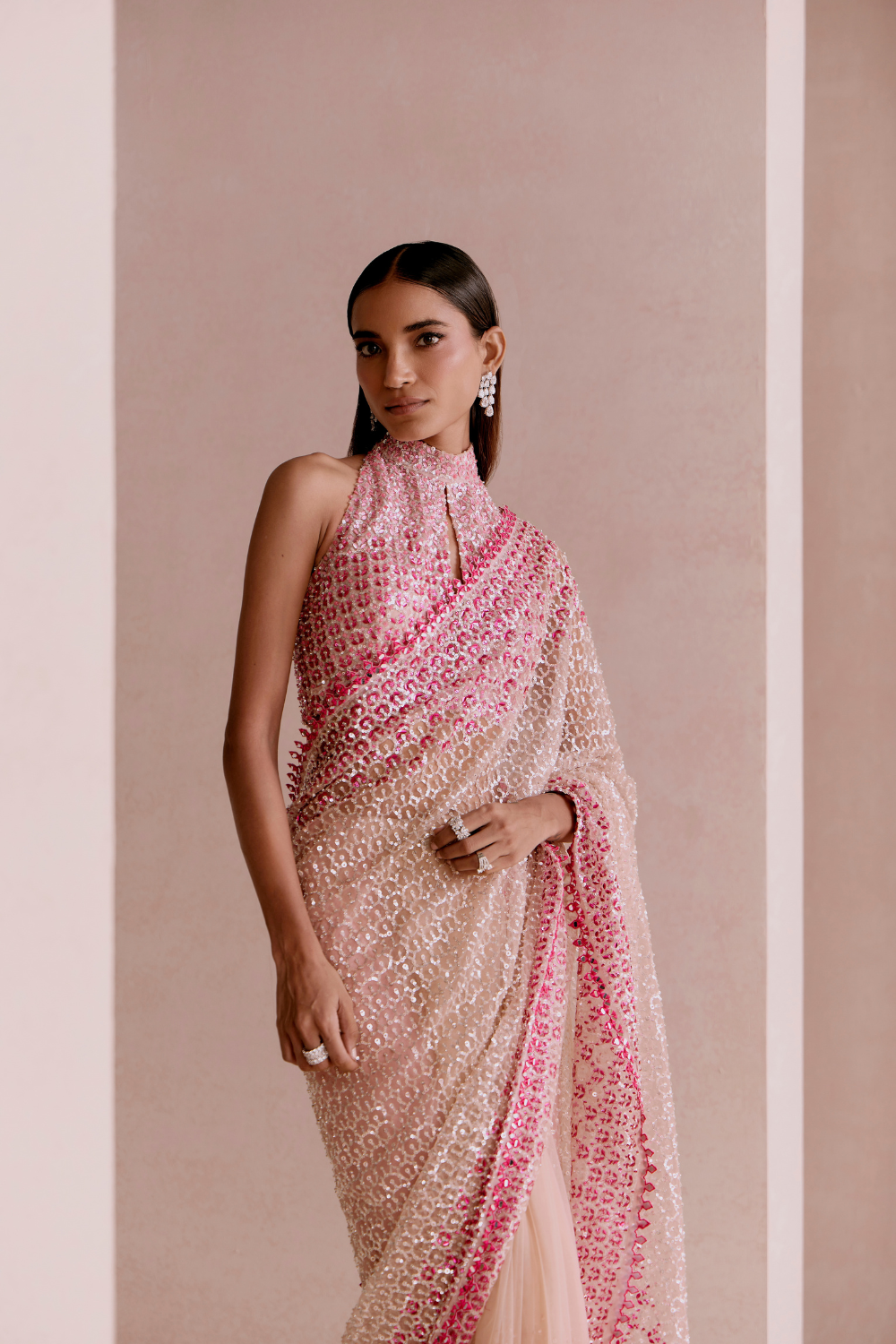 Nude and Pink Sequin Saree