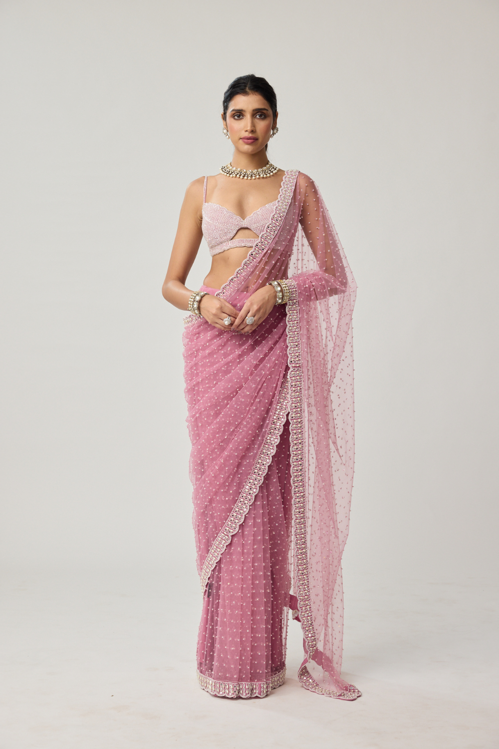 Onion Pink Pearl Scattered Net saree set