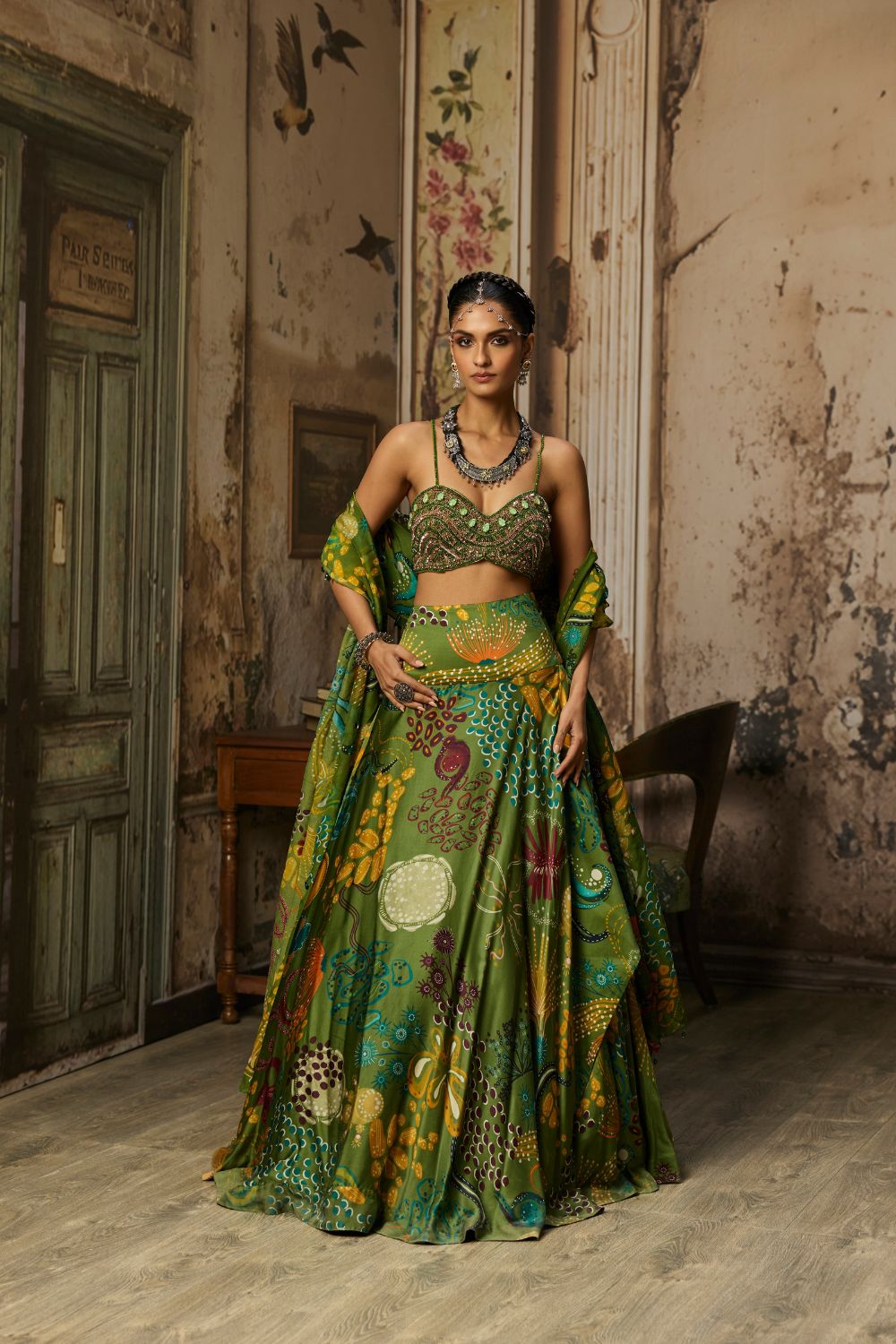 PEAR GREEN EMBROIDERED BLOUSE AND COWL SKIRT SET