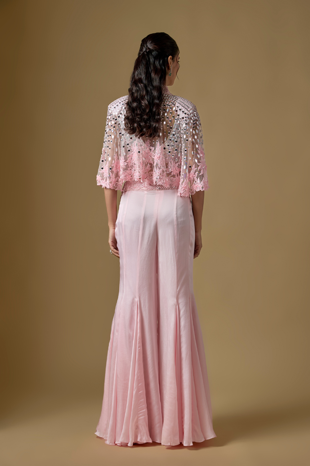 Kai -Baby Pink Sharara Short Cape Set with Full Mirror Blouse
