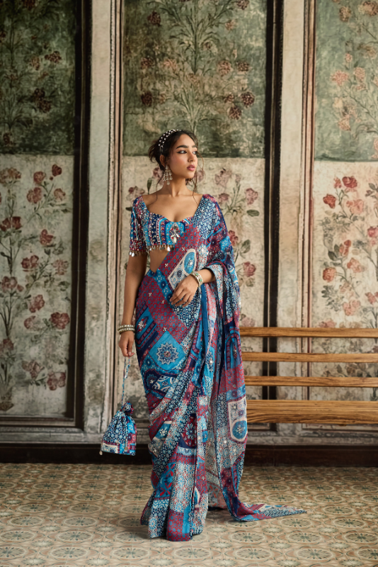 TEAL PRINT AND AND HIGHLIGHTED PRE-DRAPED CLASSIC SAREE SET