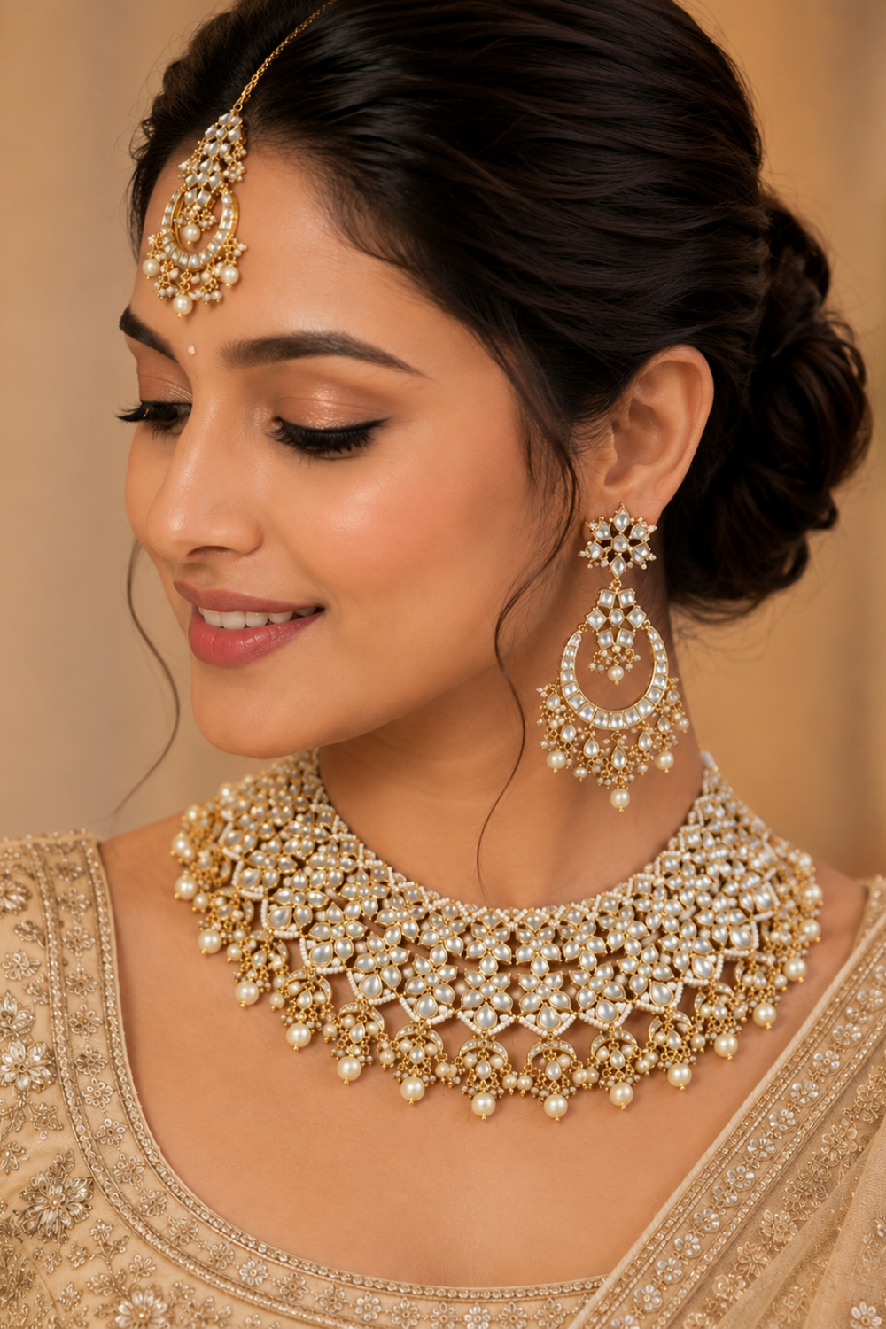 Royal Jaipuri Kundan Pearl Floral Choker Necklace Set with Chandbali Earrings & Maang Tikka
