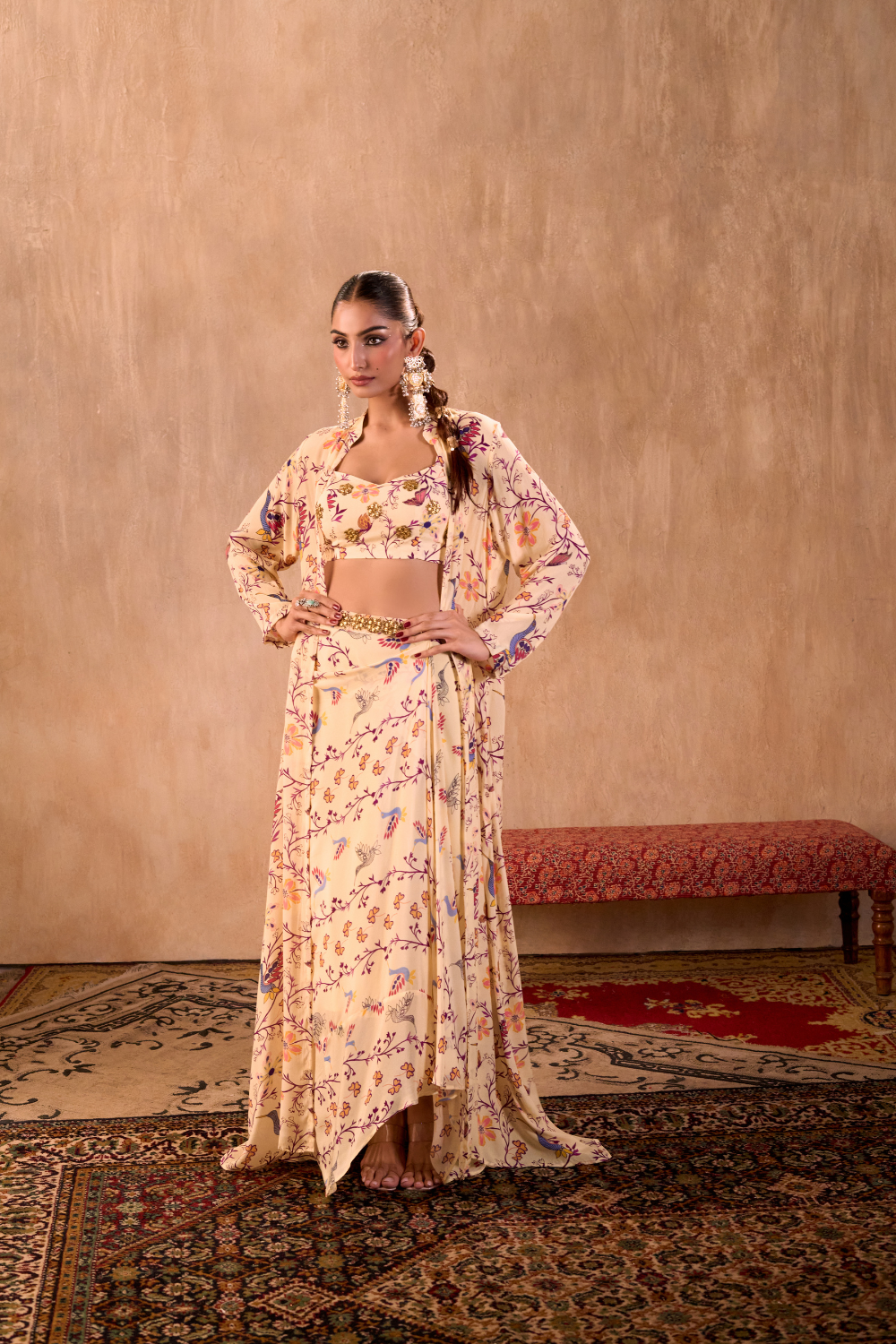 IVORY PRINT EMBROIDERED CHOLI, DRAPED SKIRT AND JACKET SET