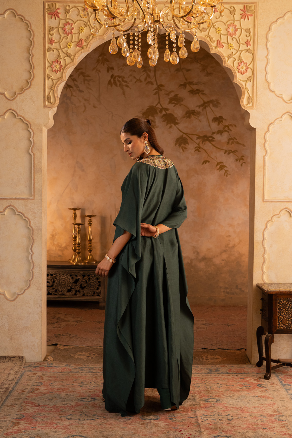 Bottle Green Silk Kaftan Dress