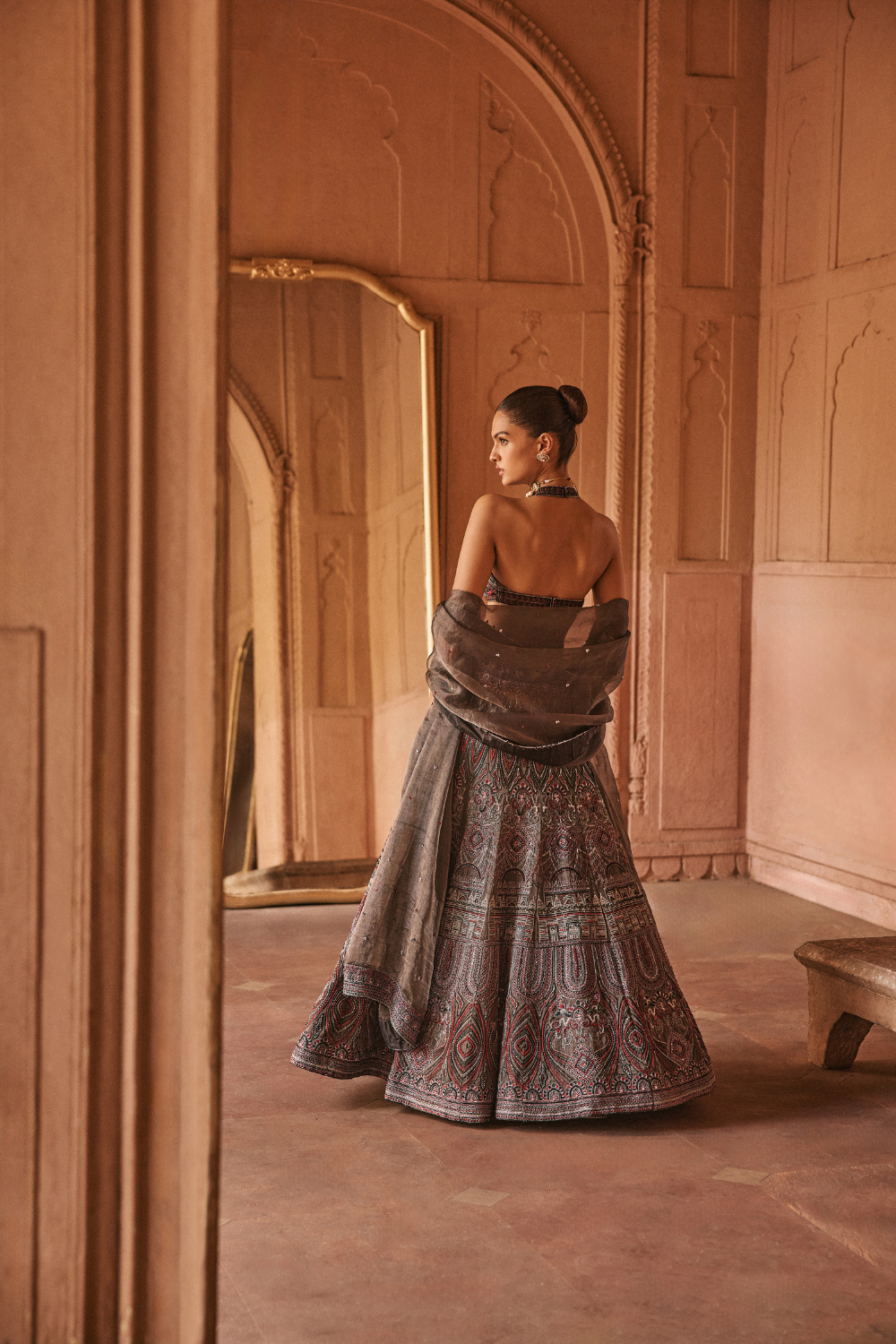 Black, dori, tissue, lehanga, halter blouse