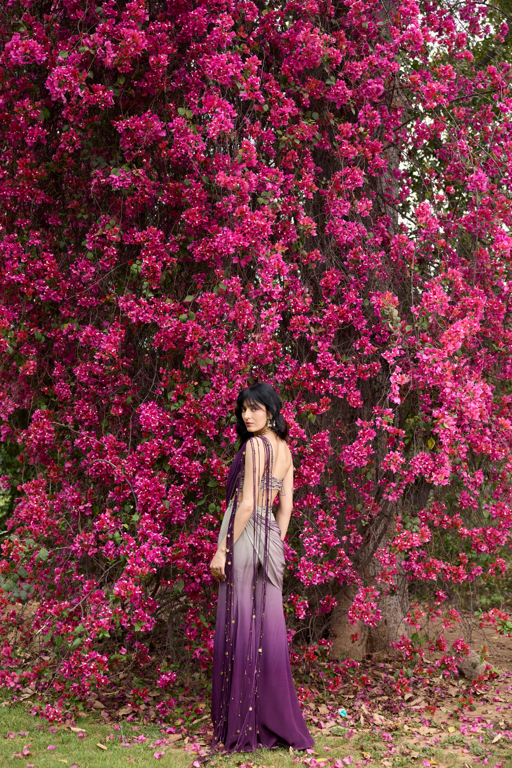 PURPLE-GREY OMBRE TASSELED DRAPE SAREE SET