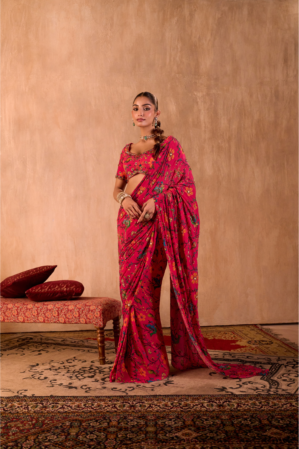 PINK PRINT CHOLI WITH EMBROIDERED SARI SET