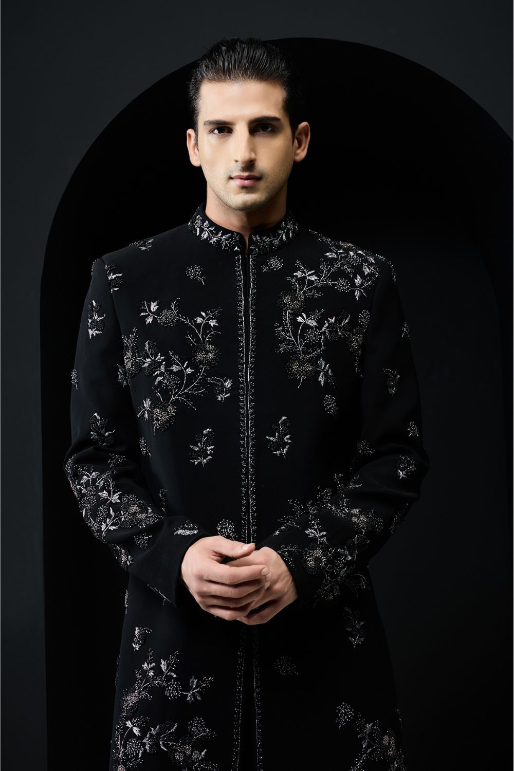 Black indo Western highlighting with silver zari, pearls and cutdana
