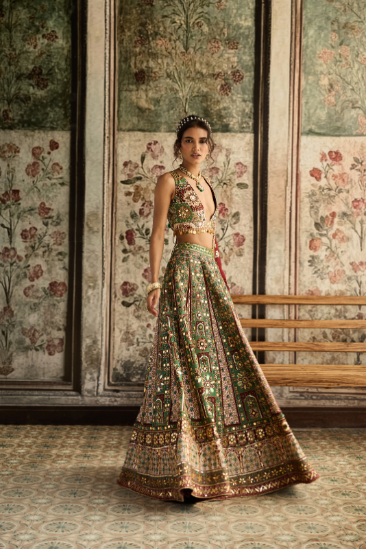 SAGE-MAROON PRINT AND HIGHLIGHTED LEHENGA SET