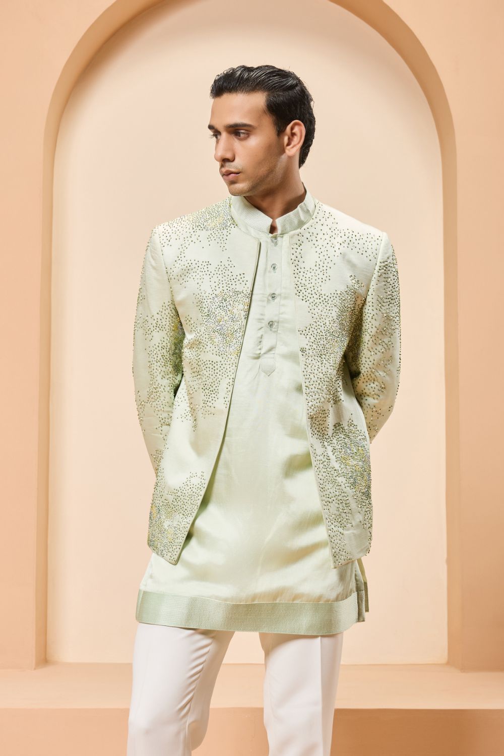 Green open bandhgala with thread , sequins & pearl work