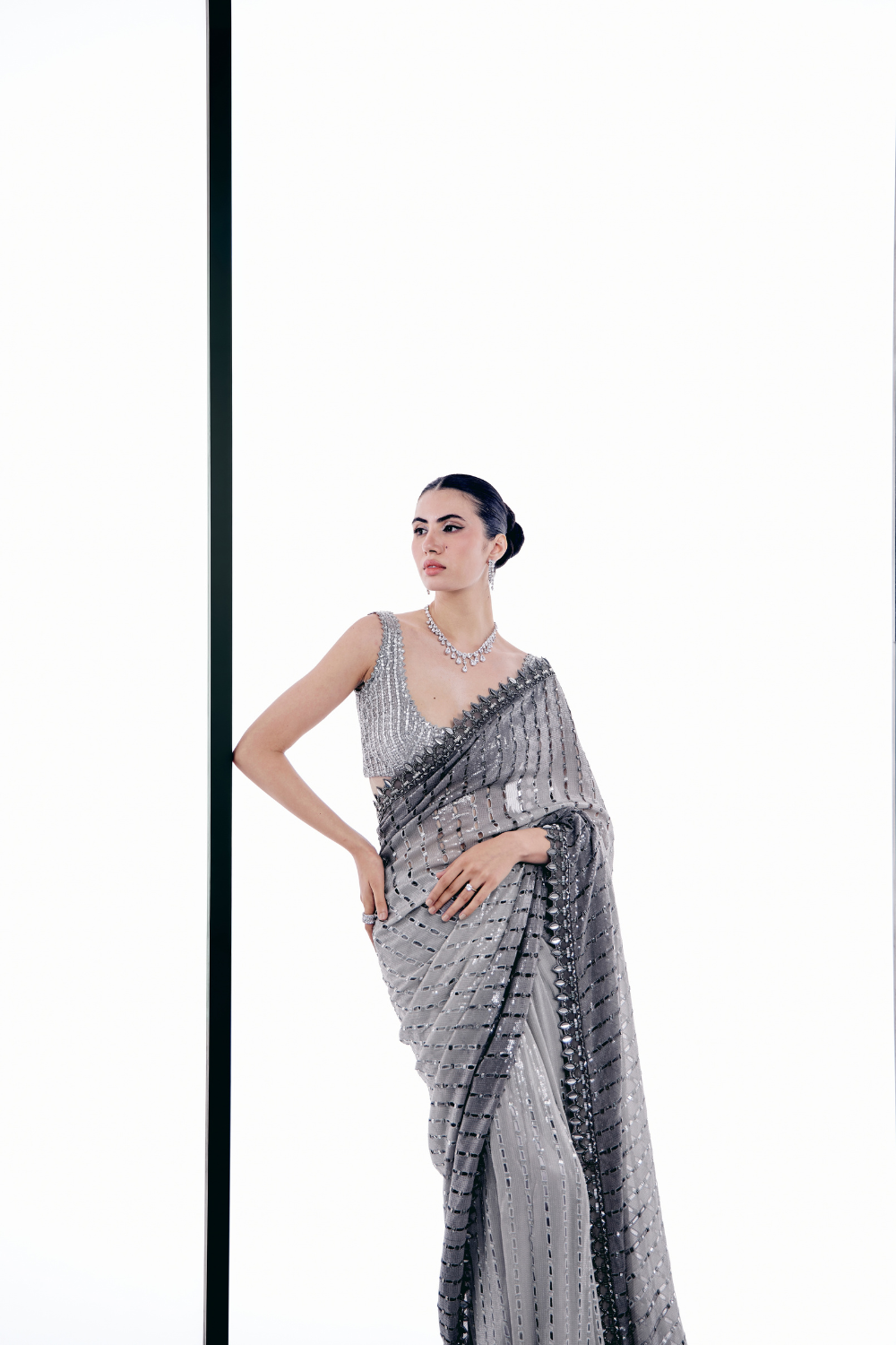 Grey Ombre Cutwork Saree Set