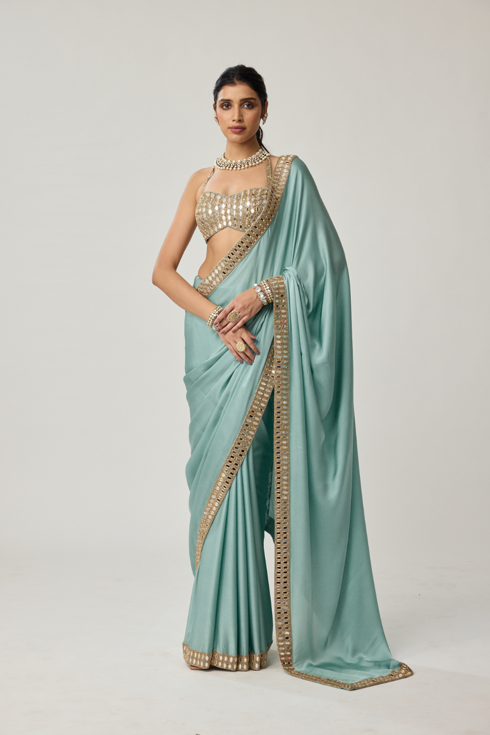 Powder Blue Mirror Satin Saree Set