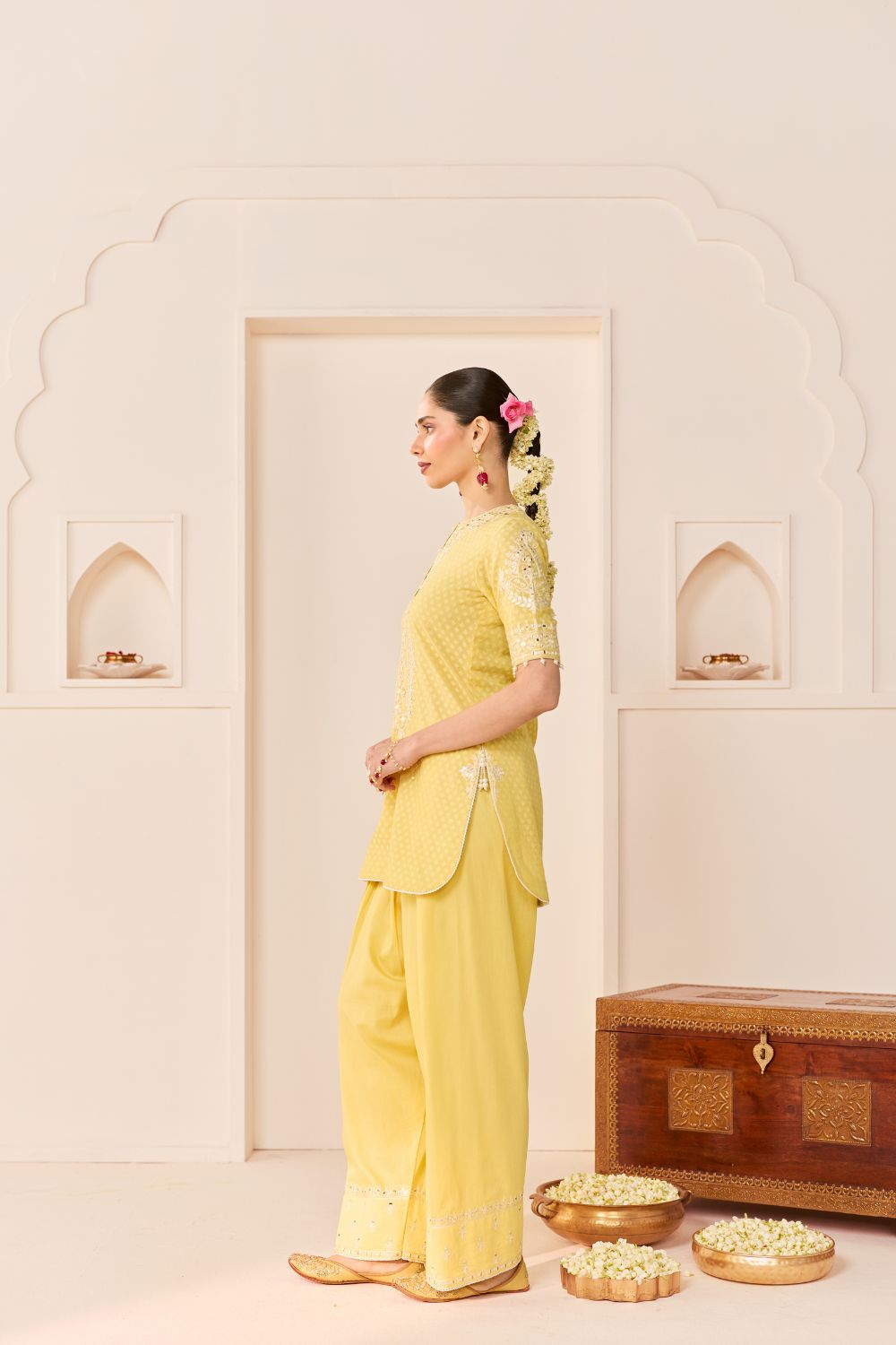 ANAISHA - LEMON YELLOW SHORT KURTA WITH FARSHI SALWAR AND DUPATTA