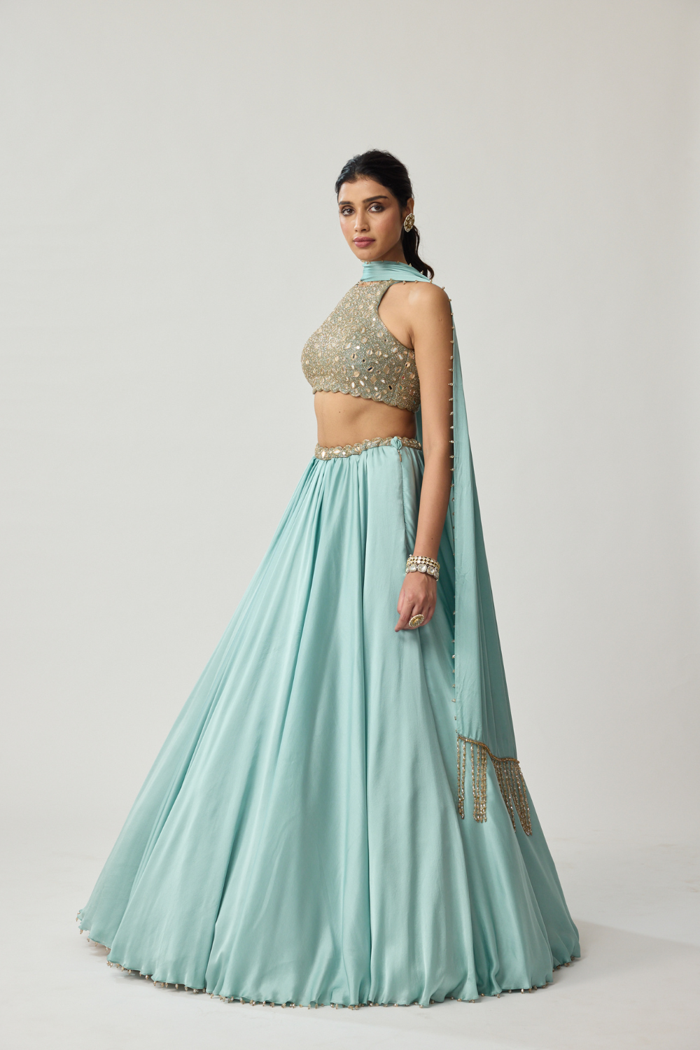 Powder Blue Mirror Satin Lehenga Set