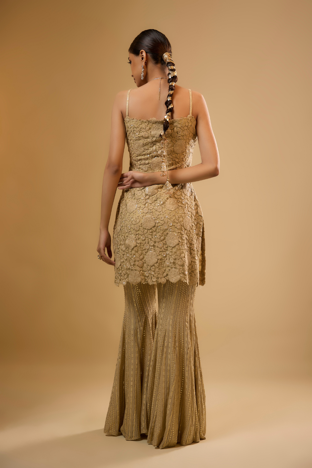 Gold net kurta sharara set embroidered with sequin and threadwork