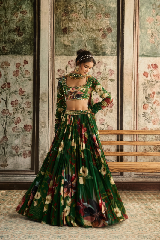 GREEN FLORAL PRINTED LEHENGA SET