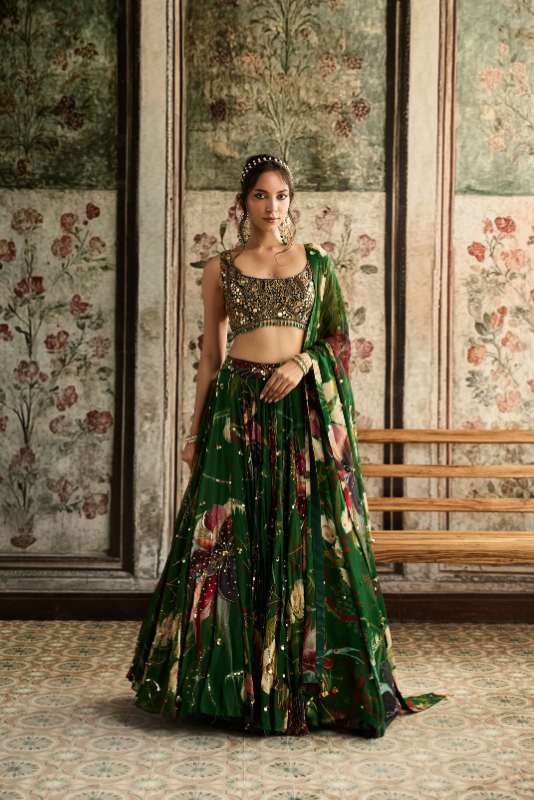 GREEN FLORAL PRINT AND HIGHLIGHTED LEHENGA SET