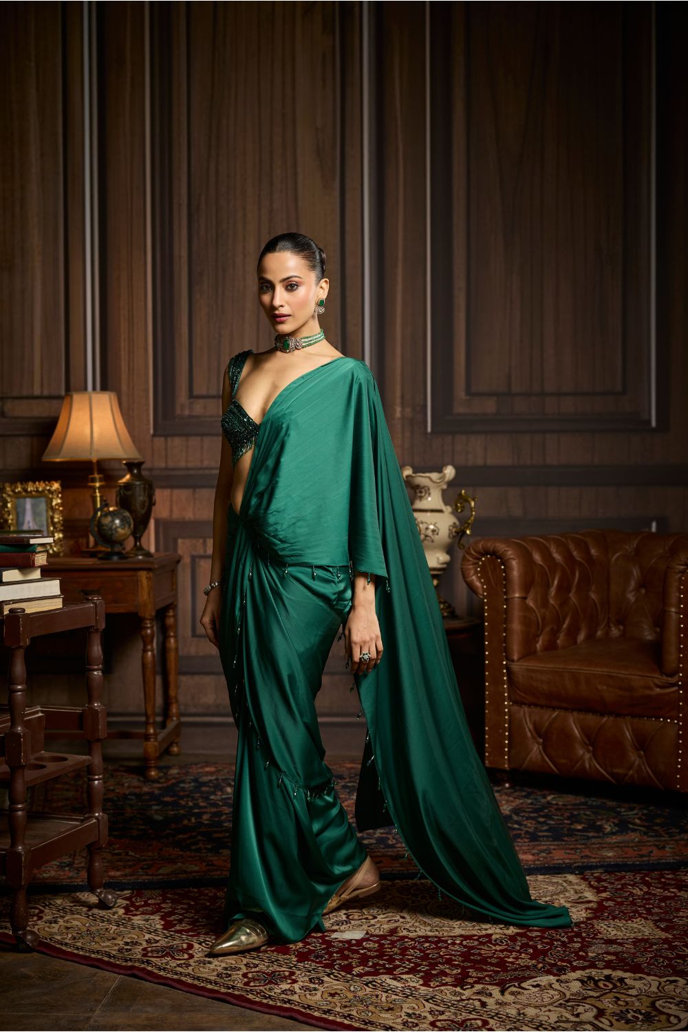 EMERALD GREEN EMBELLISHED BLOUSE AND PRE-DRAPED DHOTI SAREE SET