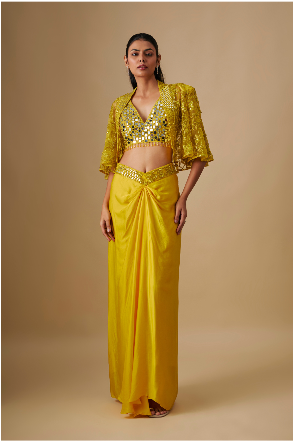 Mistral -Yellow Drape Full mirror Blouse With Cape