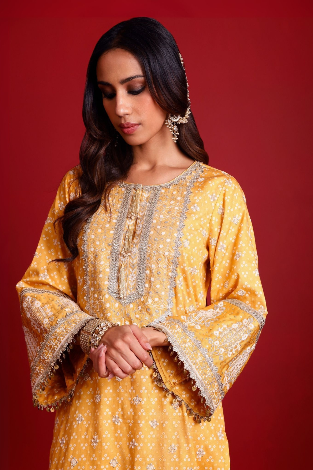 Lari Pima Satin Printed Mustard Kurta Set
