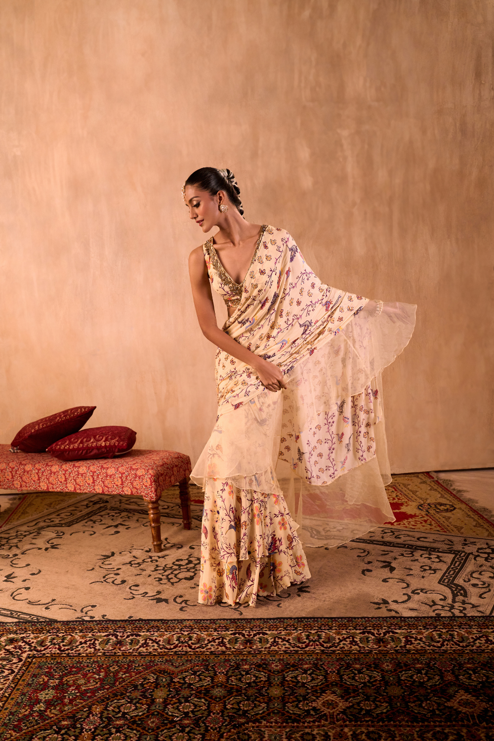 IVORY PRINT EMBROIDERED CHOLI WITH PRE DRAPED RUFFLE SARI SET
