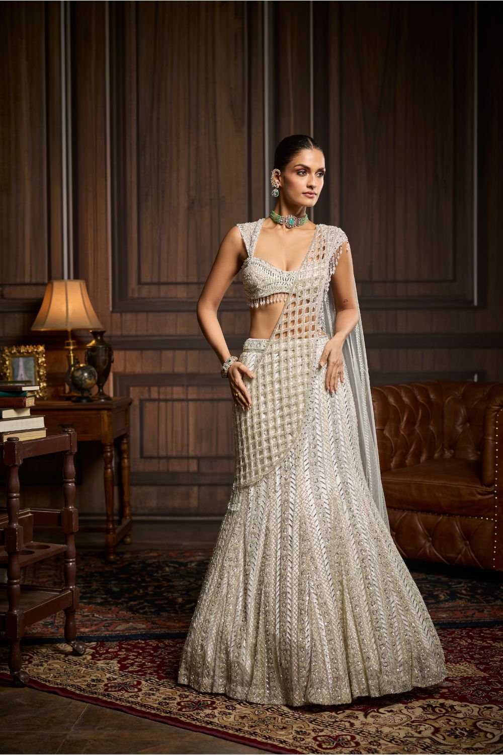 SILVER EMBELLISHED MERMAID SKIRT SAREE SET
