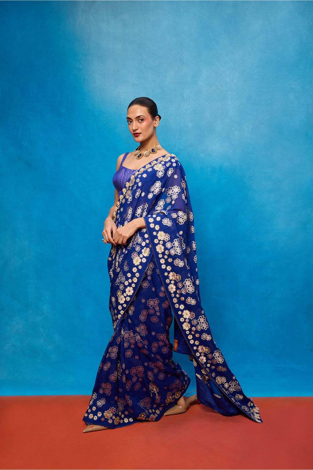 Handwoven Royal Blue Chiffon Banarasi Saree