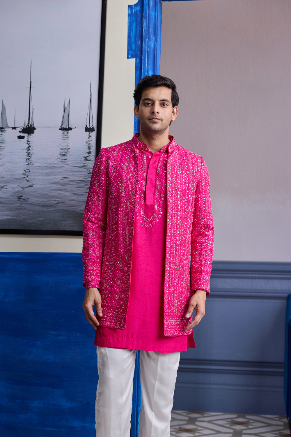 Fuchsia Pink Mirror Embroidered & Thread Work Bandhgala Jacket with Kurta & Pants